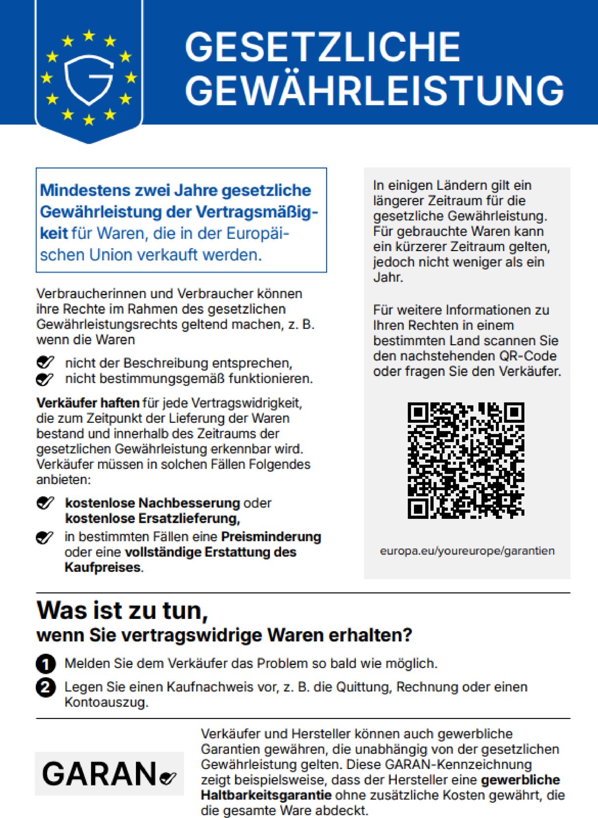Gesetzliche Gewährleistung – mindestens zwei Jahre für Waren, die in der EU verkauft werden